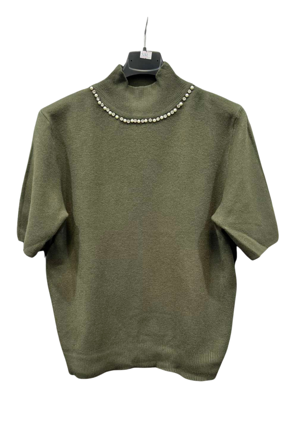 Italian High Neck Short Sleeve Diamante And Pearl Detail Jumper Top KKI