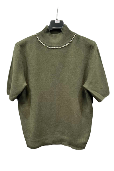 Italian High Neck Short Sleeve Diamante And Pearl Detail Jumper Top KKI