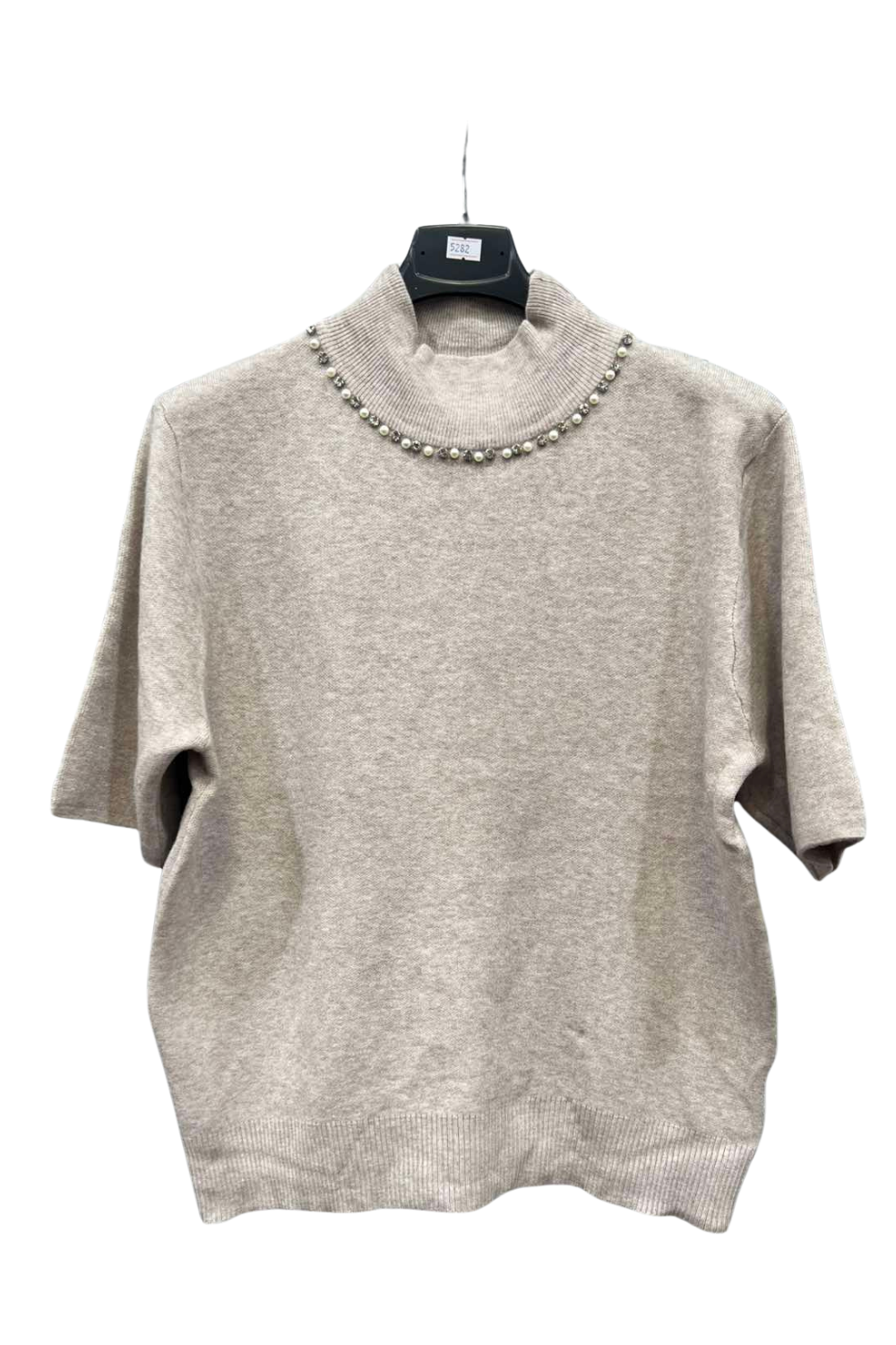 Italian High Neck Short Sleeve Diamante And Pearl Detail Jumper Top MOC