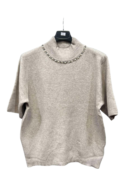 Italian High Neck Short Sleeve Diamante And Pearl Detail Jumper Top MOC