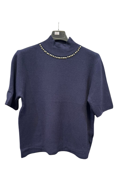 Italian High Neck Short Sleeve Diamante And Pearl Detail Jumper Top NVY