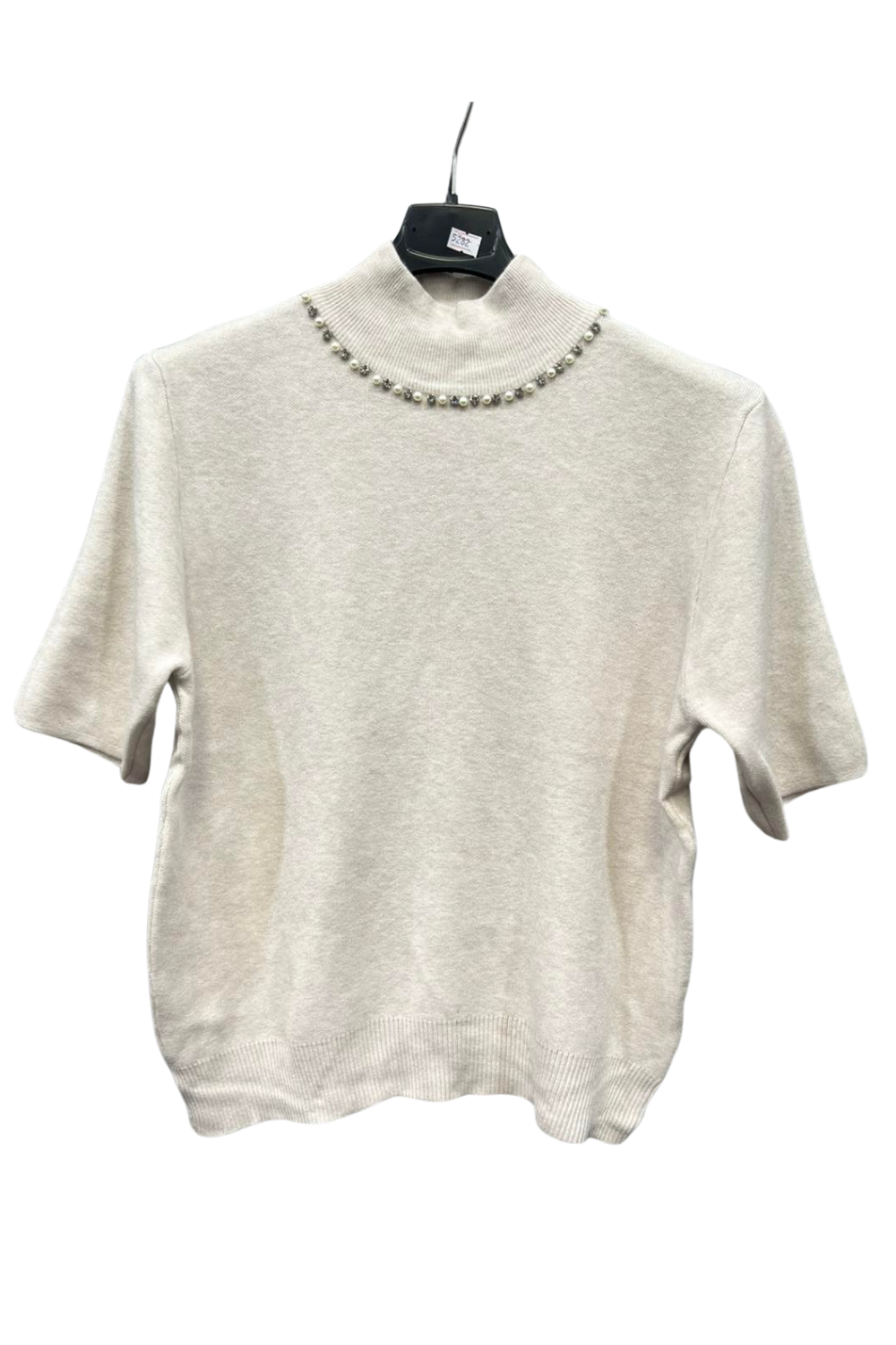 Italian High Neck Short Sleeve Diamante And Pearl Detail Jumper Top bge