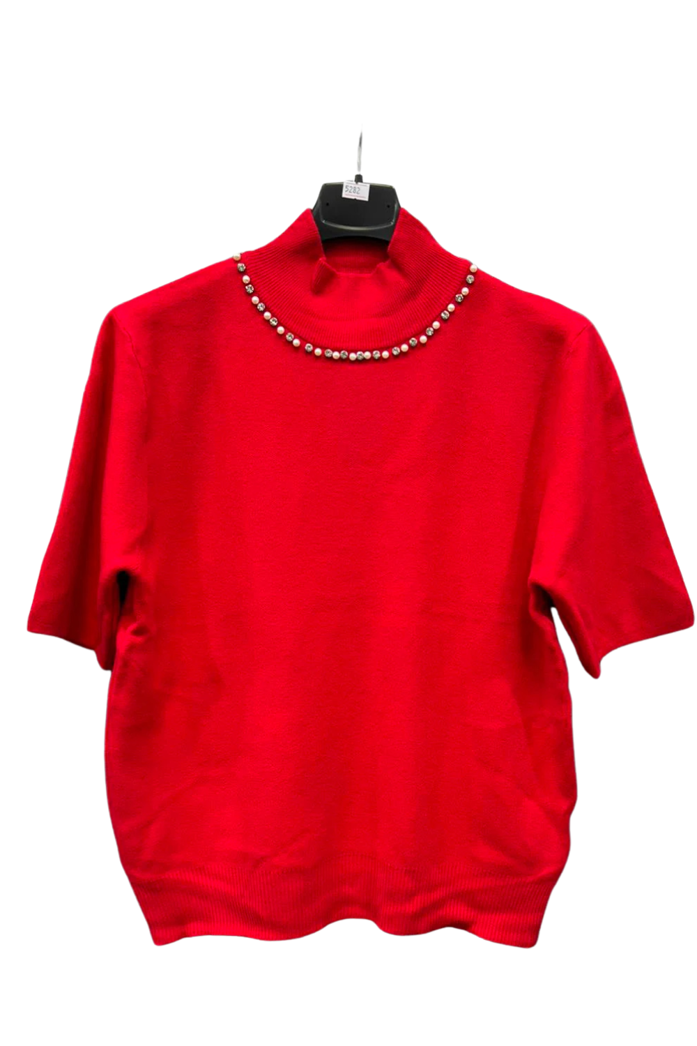 Italian High Neck Short Sleeve Diamante And Pearl Detail Jumper Top red
