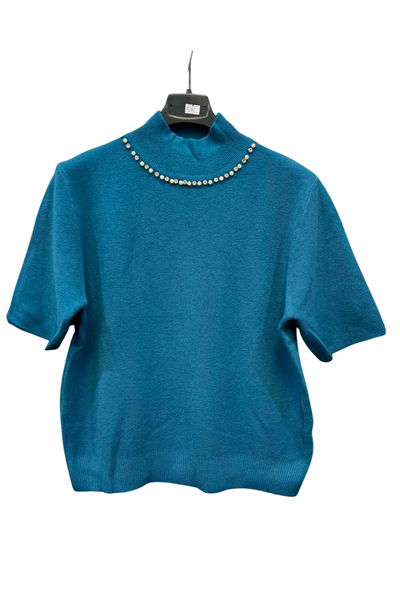 Italian High Neck Short Sleeve Diamante And Pearl Detail Jumper Top teal
