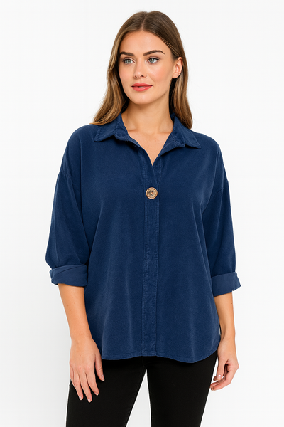 Italian Ladies Corduroy Button Detail Oversized Shirt – Cotton Top