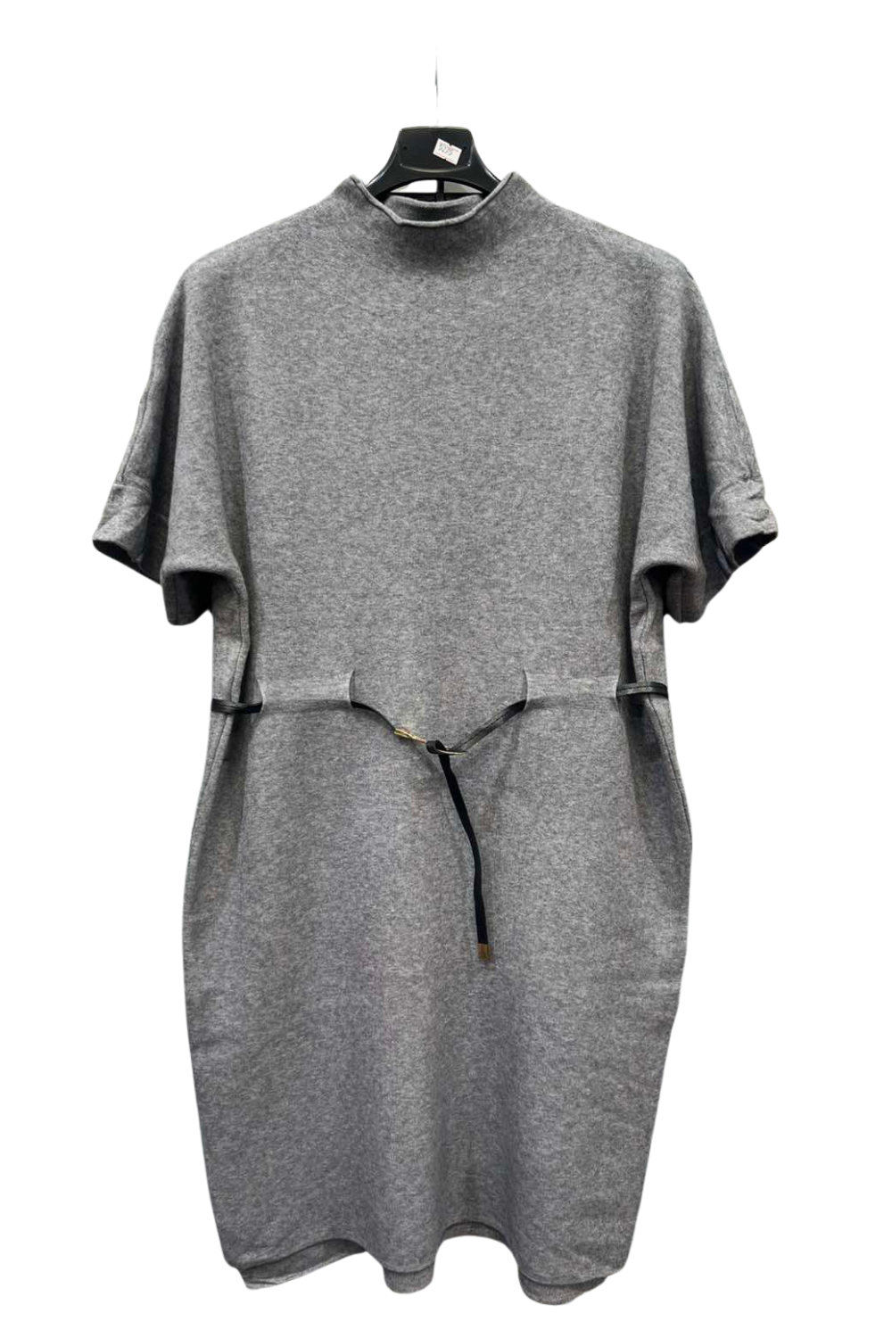 Italian Ladies Short Sleeve High Neck Jumper Dress With Belt GRY