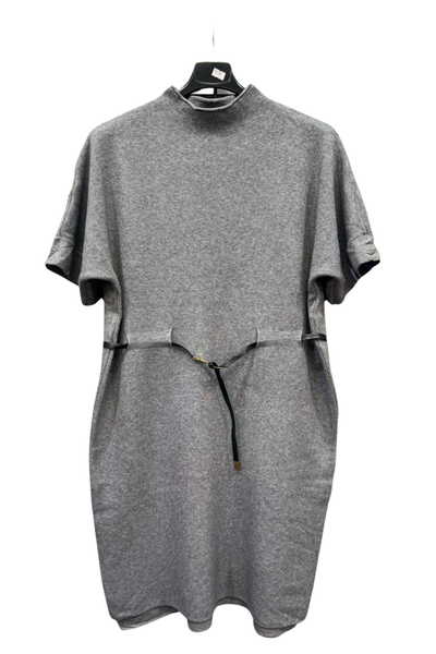 Italian Ladies Short Sleeve High Neck Jumper Dress With Belt GRY