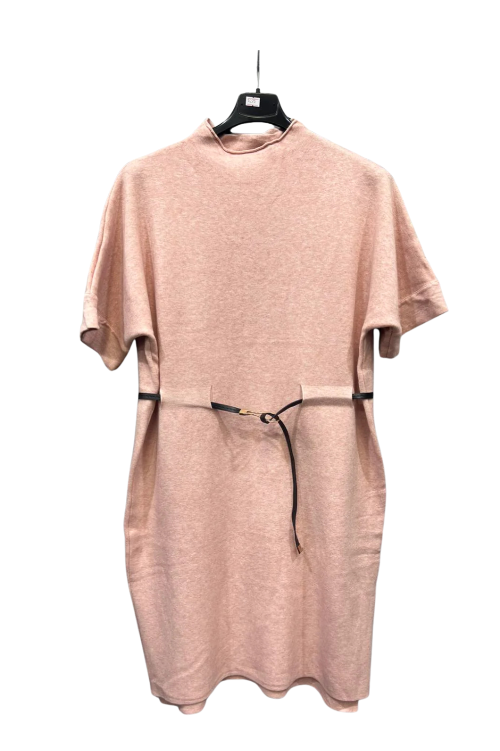 Italian Ladies Short Sleeve High Neck Jumper Dress With Belt Pink