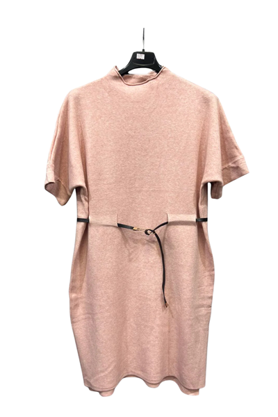 Italian Ladies Short Sleeve High Neck Jumper Dress With Belt Pink