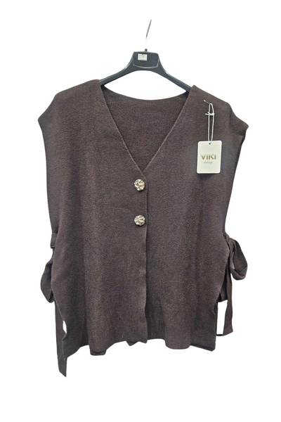 Italian Ladies Soft Knit Sleeveless V Neck Jumper with Side Ties BRWN