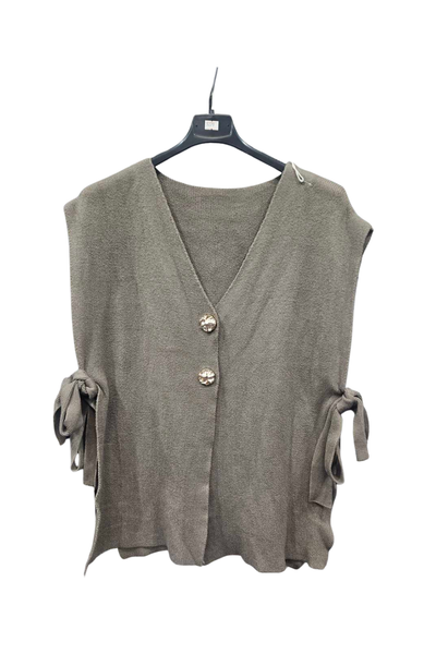 Italian Ladies Soft Knit Sleeveless V Neck Jumper with Side Ties MOC