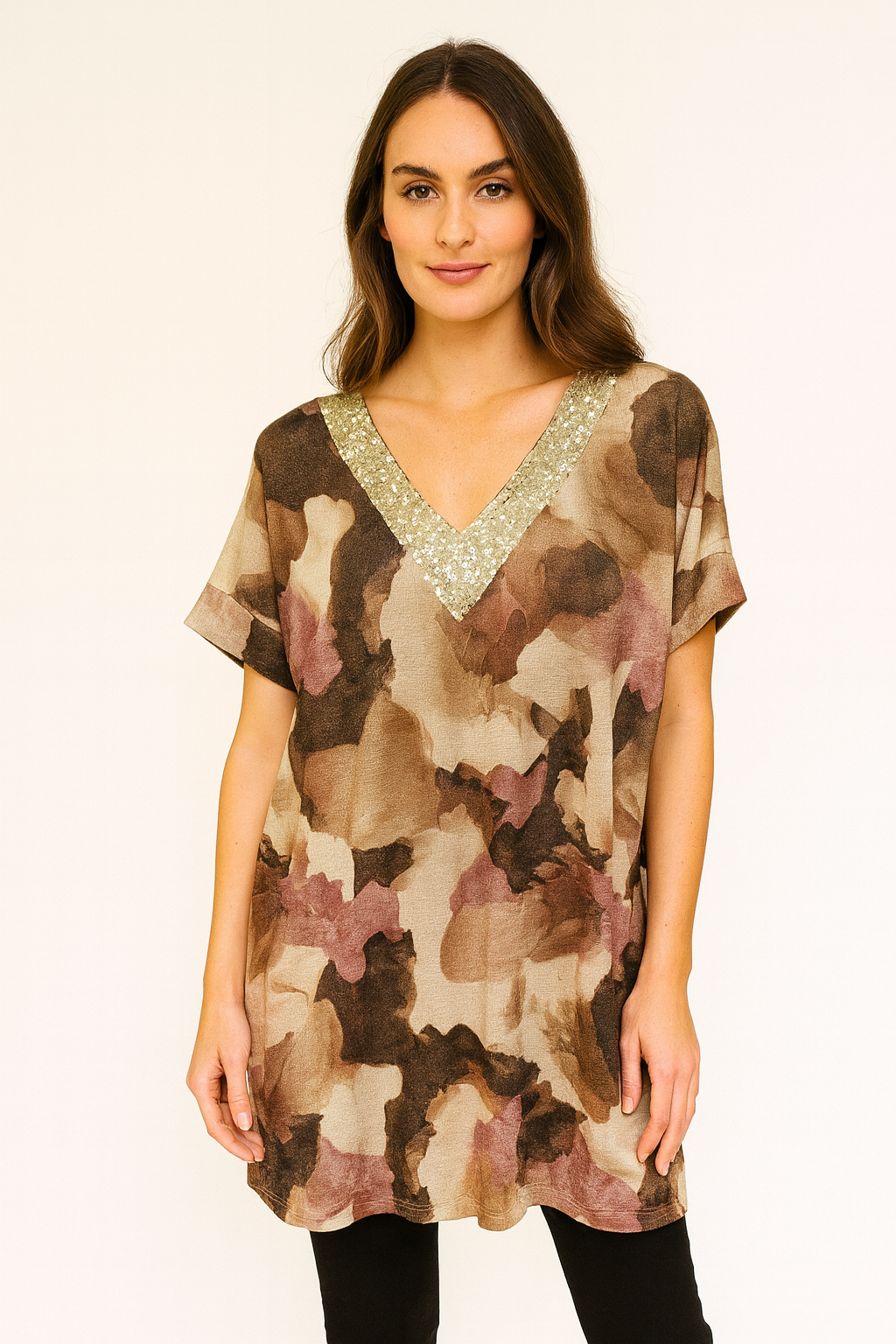 Italian Short Sleeve Sequin V Neck Printed Knitted Tunic Top