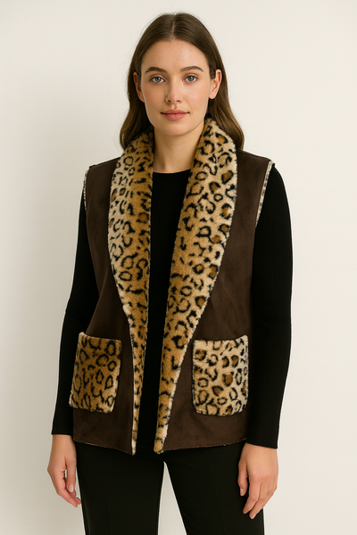 Italian Sleeveless Jacket With Leopard Print Faux Fur Top