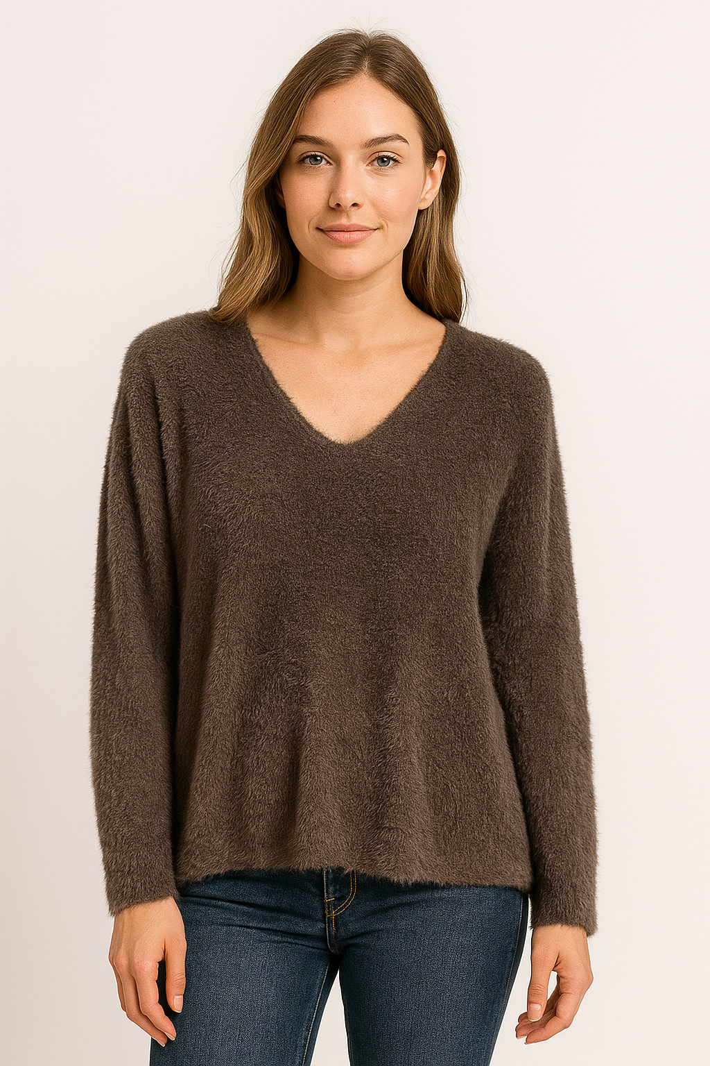 Italian Soft Fluffy V Neck Jumper – One Size Fits UK 8–14