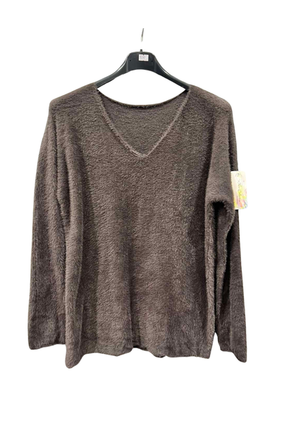 Italian Soft Fluffy V Neck Jumper – One Size Fits UK 8–14 brown