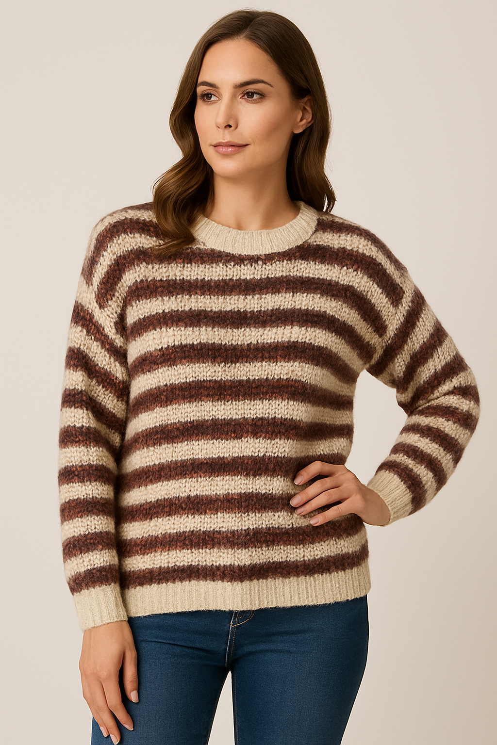 Italian Stripe Round Neck Jumper Top burgunday