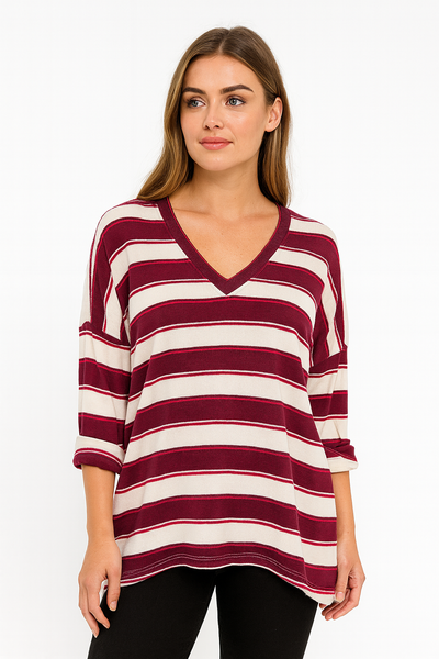Italian V-Neck Stripe Soft Knit Dip Hem Top 