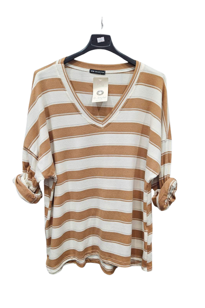 Italian V-Neck Stripe Soft Knit Dip Hem Top CML