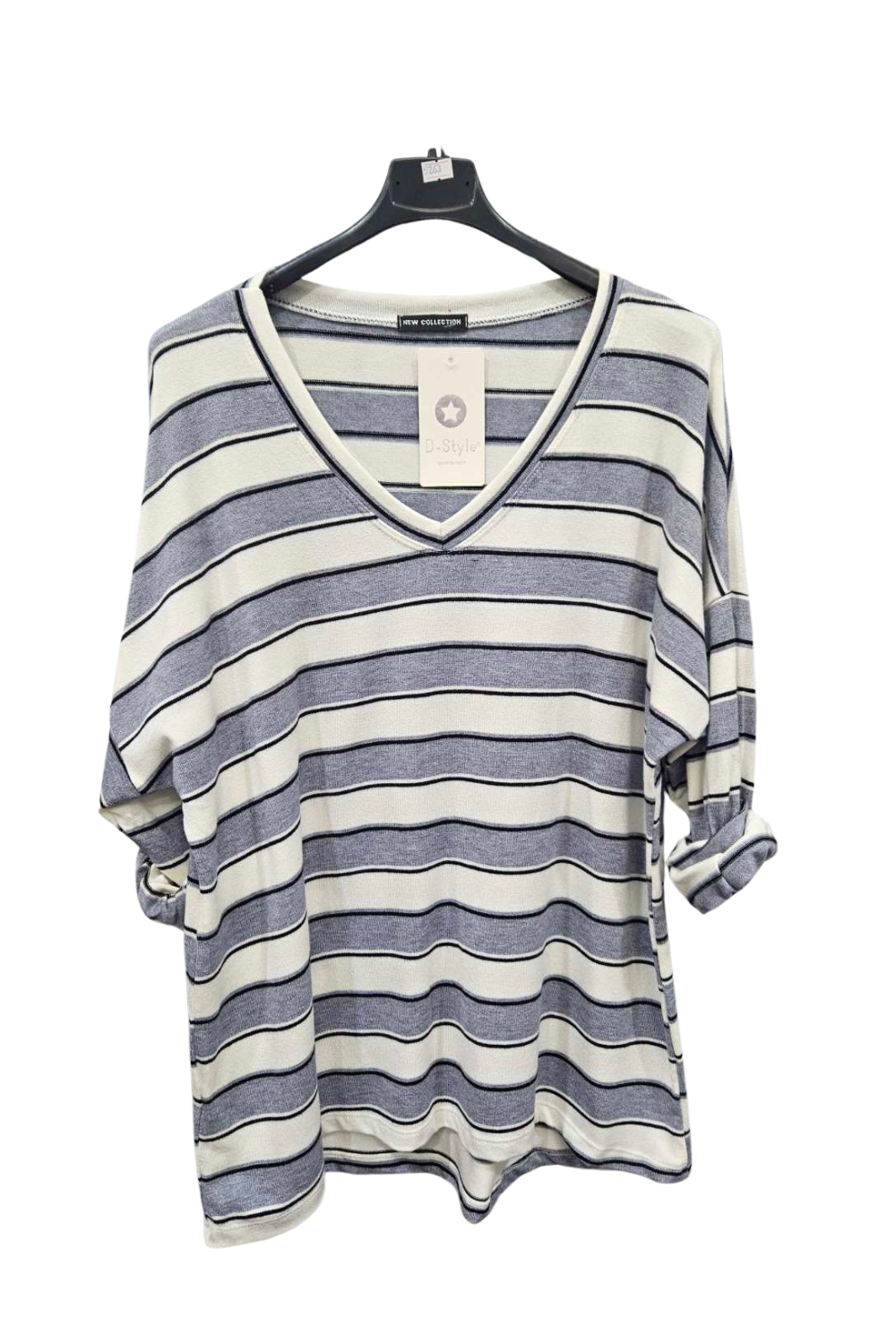 Italian V-Neck Stripe Soft Knit Dip Hem Top Gry