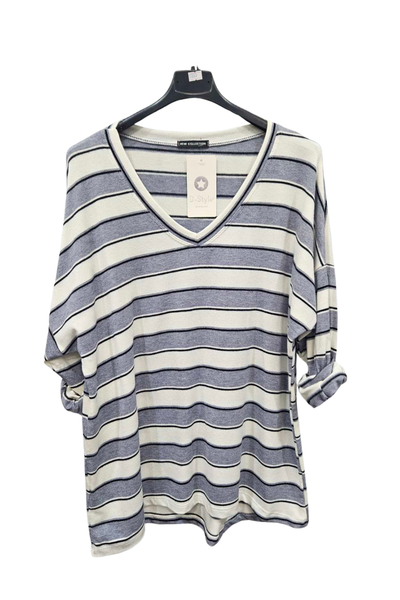 Italian V-Neck Stripe Soft Knit Dip Hem Top Gry