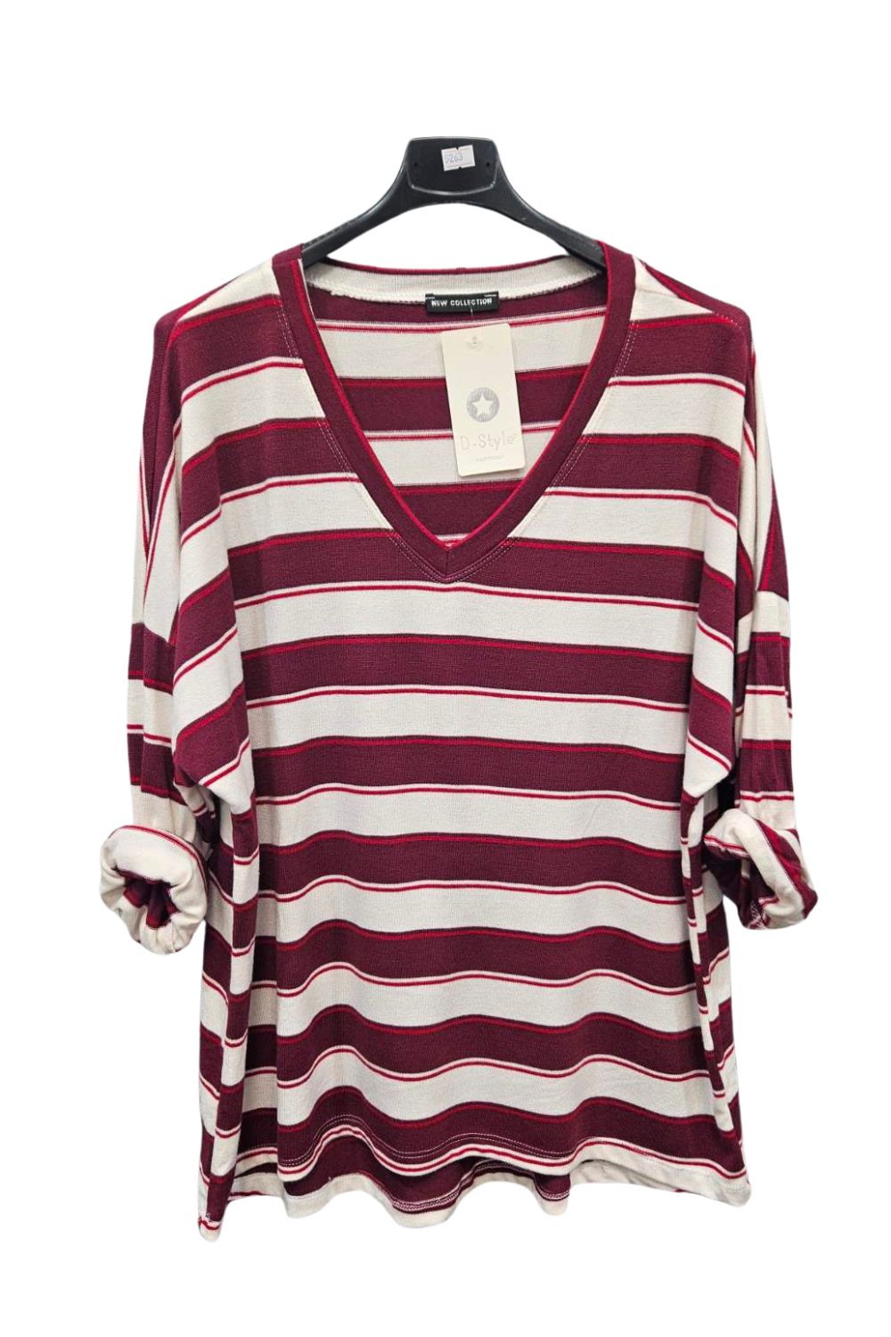 Italian V-Neck Stripe Soft Knit Dip Hem Top WNE
