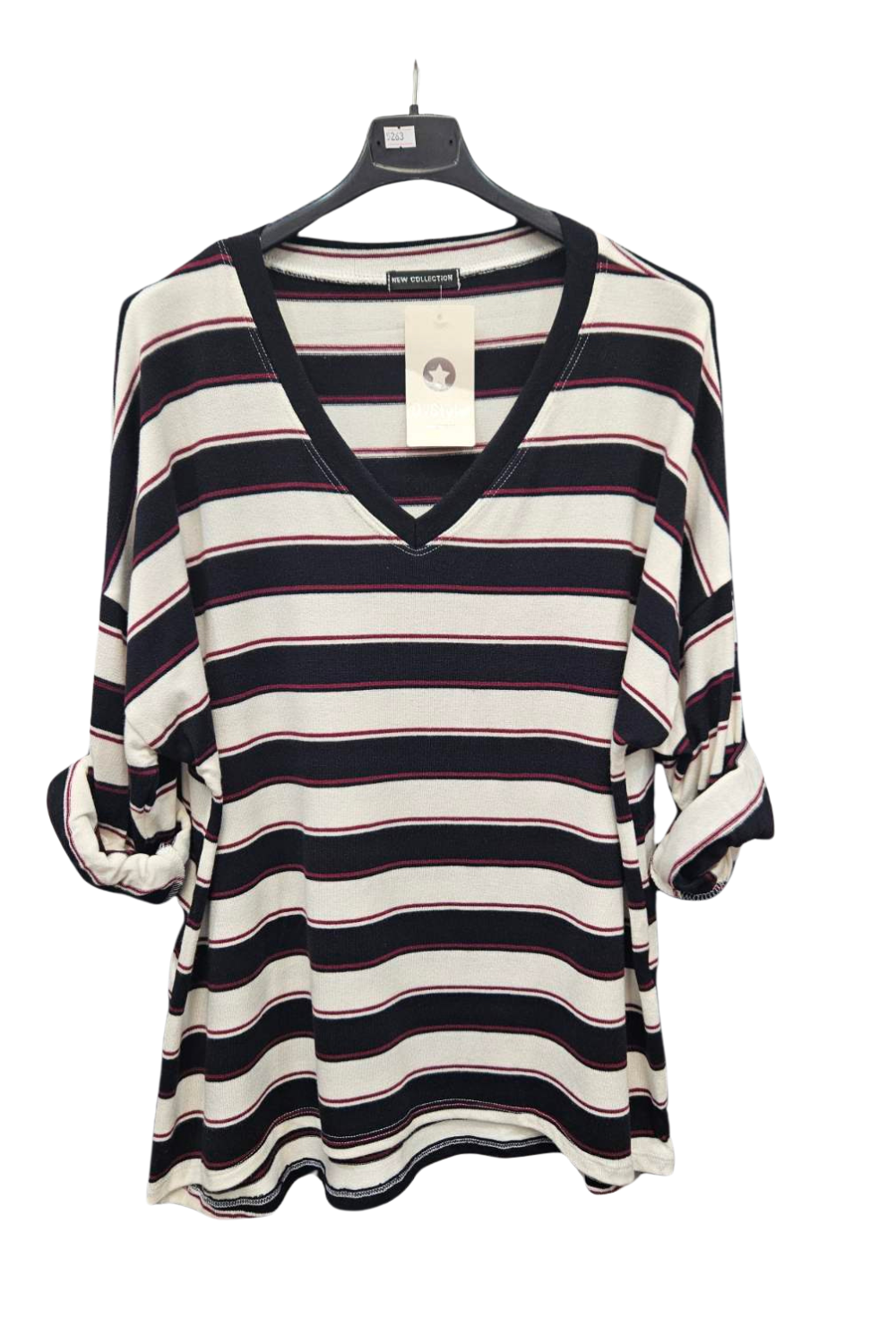 Italian V-Neck Stripe Soft Knit Dip Hem Top blk