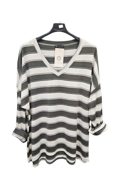 Italian V-Neck Stripe Soft Knit Dip Hem Top kki
