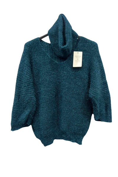 Italian V Neck Knitted Top With Snood teal