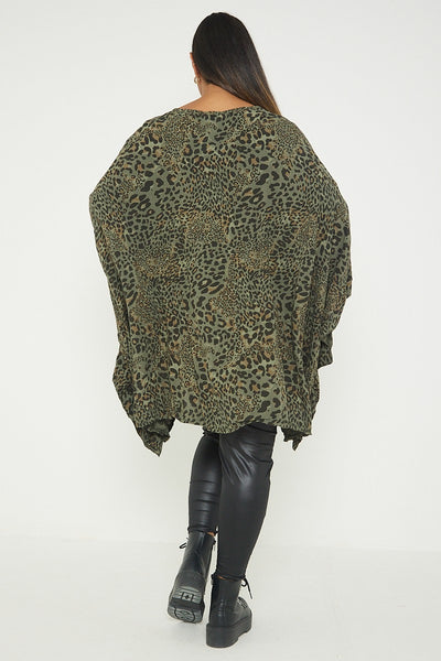 Italian Leopard Animal Print V Neck Oversized Tunic Top