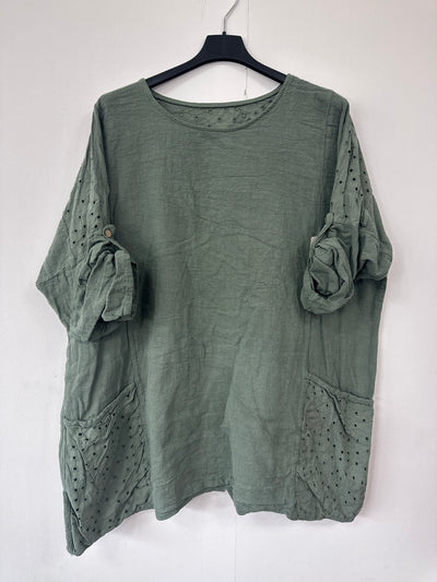 Italian Broderie Anglaise Pocket Detail Tunic Top