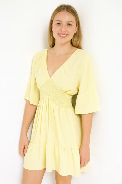 V-Neck Frill Short Sleeve Shirred Elasticated Waist Mini Dress