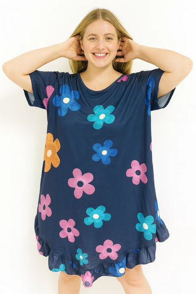 Daisy Floral Frill Hem Tunic Dress 2 Side Inside Pockets