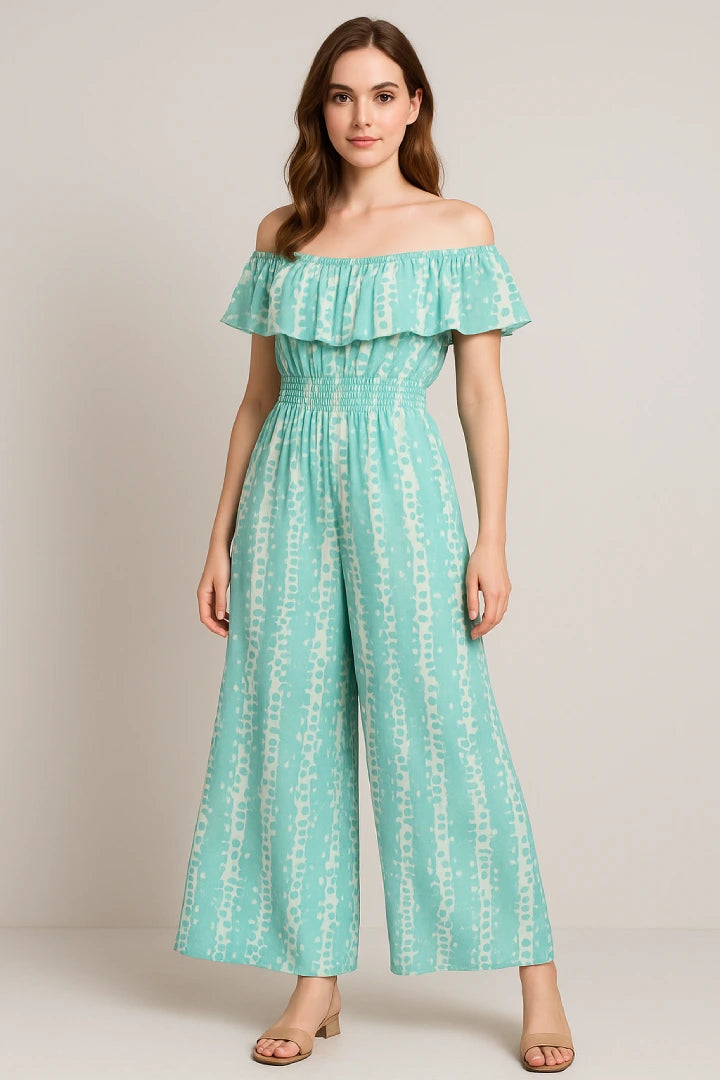Frill Bardot Layer Sleeveless Shirred Elasticated Waist Printed Jumpsuit