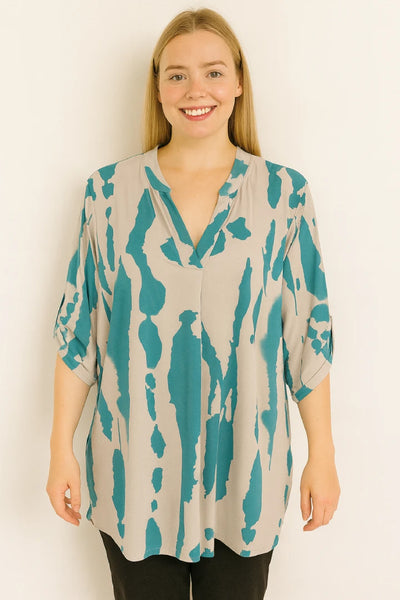 Printed V-neck Grandad Collar Turn-up Sleeve Dip Hem Tunic Top