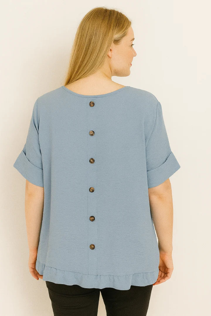 Round Neck Back Button Detail Frill Short Sleeve Top