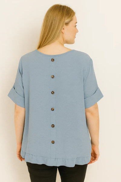 Round Neck Back Button Detail Frill Short Sleeve Top