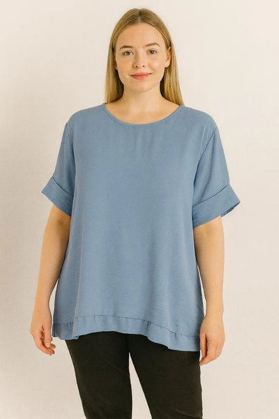 Round Neck Back Button Detail Frill Short Sleeve Top