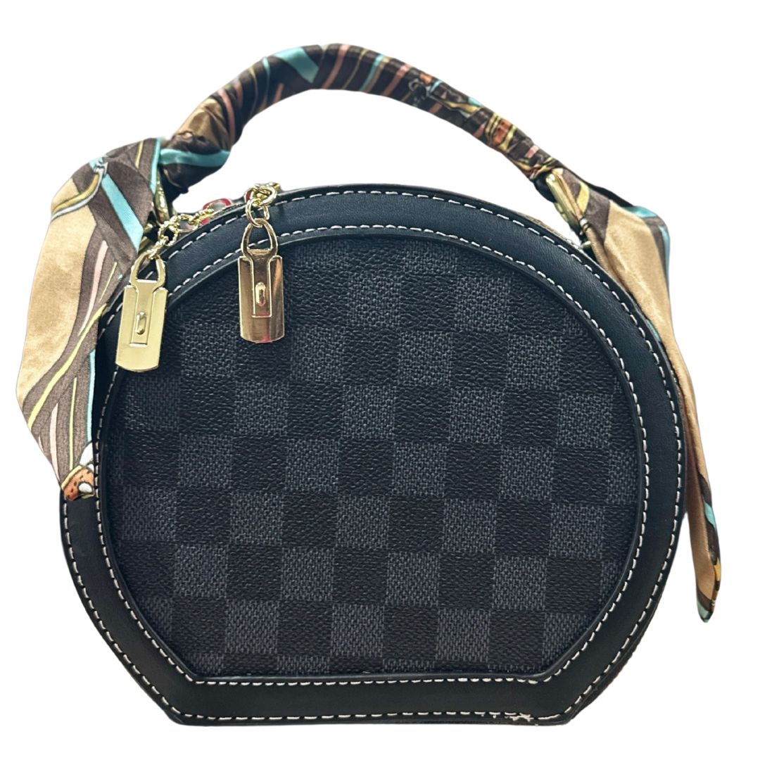 Trendy Round Checkeed Printed Satin Cloth Handle Tote Handbag