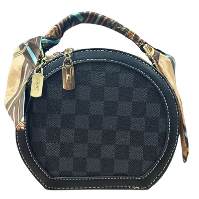 Trendy Round Checkeed Printed Satin Cloth Handle Tote Handbag