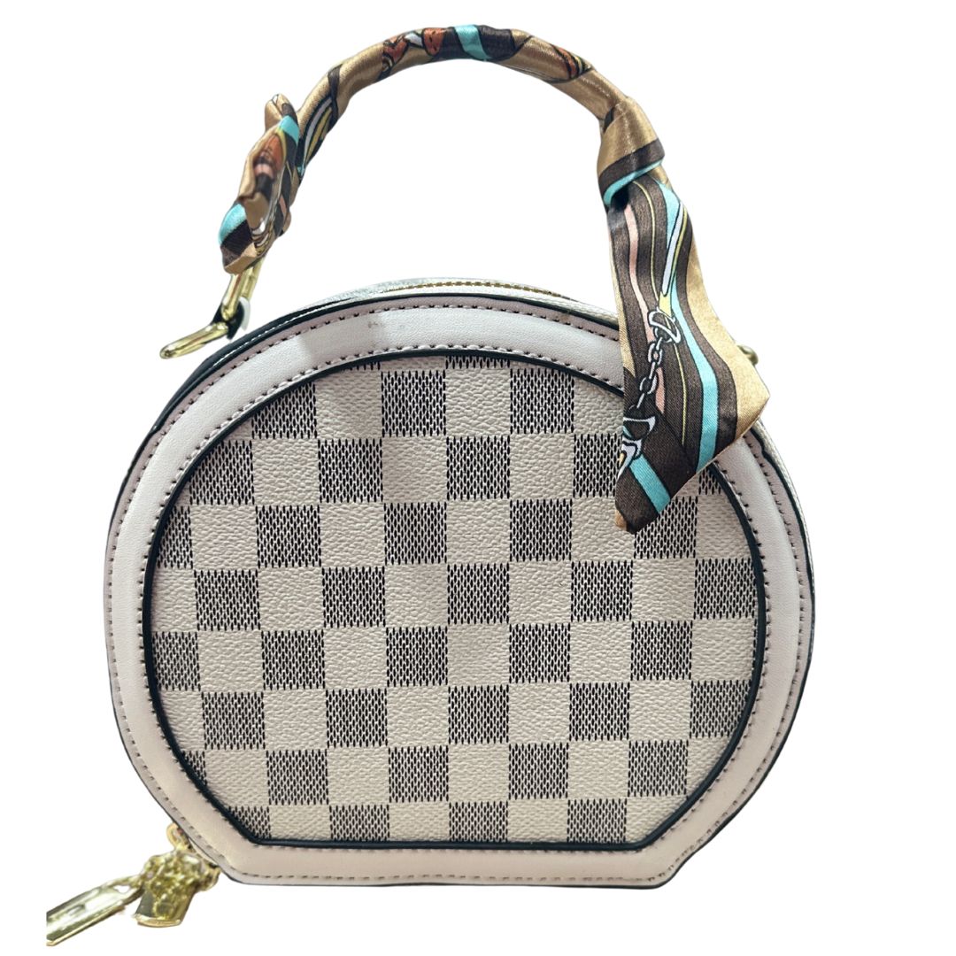 Trendy Round Checkeed Printed Satin Cloth Handle Tote Handbag