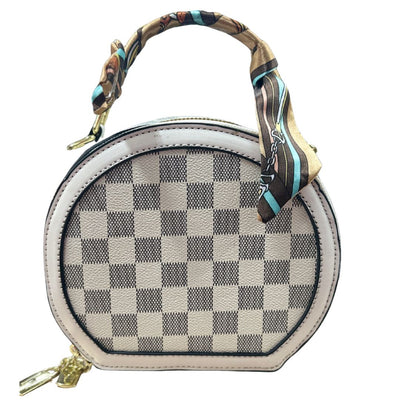 Trendy Round Checkeed Printed Satin Cloth Handle Tote Handbag