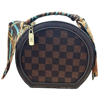 Trendy Round Checkeed Printed Satin Cloth Handle Tote Handbag