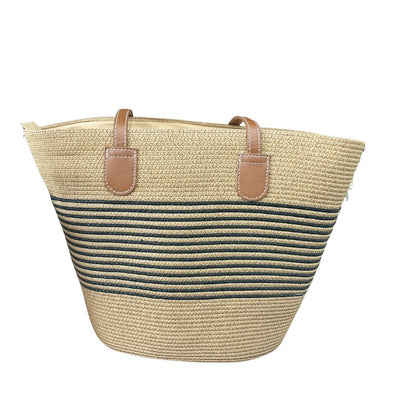 Women Straw Stripe Pattern Tote Beach Bag