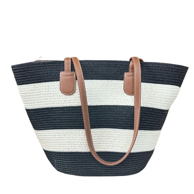 Women Straw Stripe Pattern Tote Beach Bag