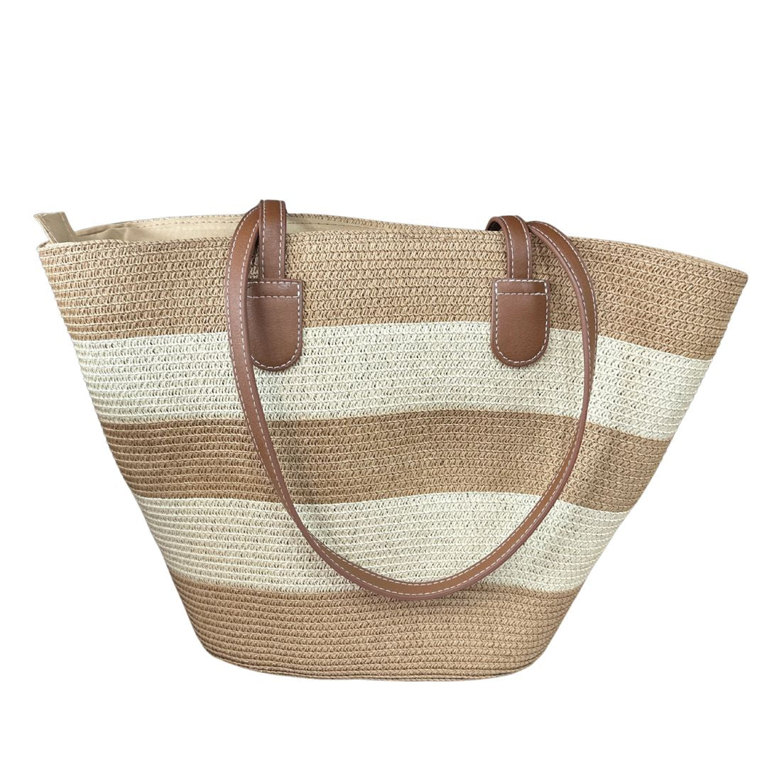 Women Straw Stripe Pattern Tote Beach Bag