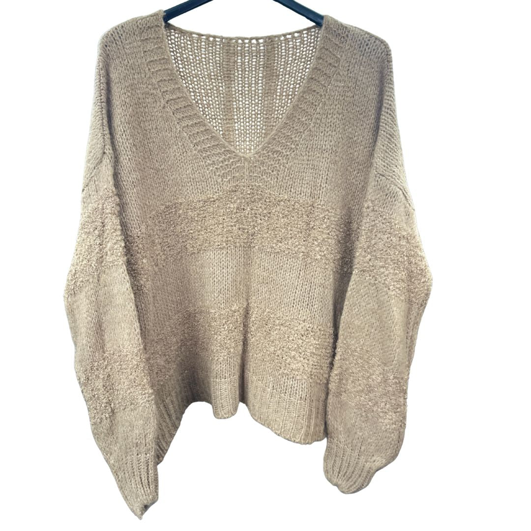 Italian Relaxed Fit V Neck Textured Lana Chunky Knit Jumper