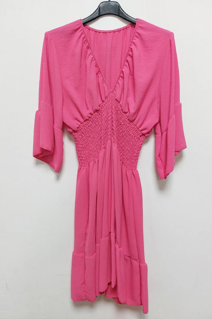 V-Neck Frill Short Sleeve Shirred Elasticated Waist Mini Dress