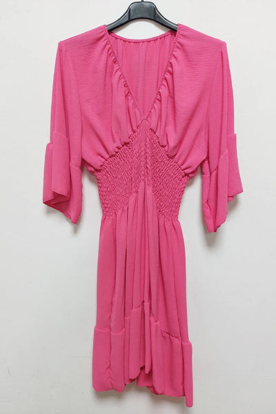 V-Neck Frill Short Sleeve Shirred Elasticated Waist Mini Dress