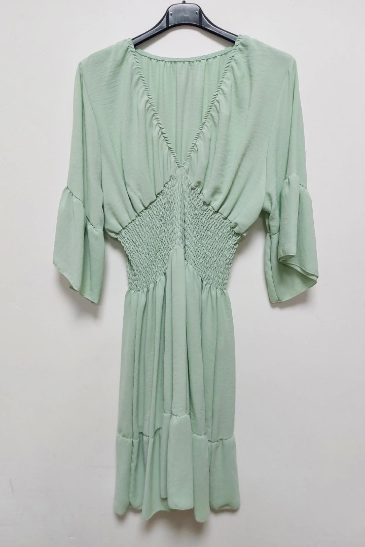 V-Neck Frill Short Sleeve Shirred Elasticated Waist Mini Dress