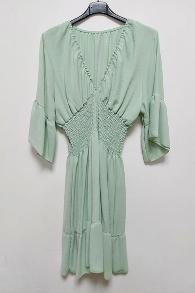 V-Neck Frill Short Sleeve Shirred Elasticated Waist Mini Dress